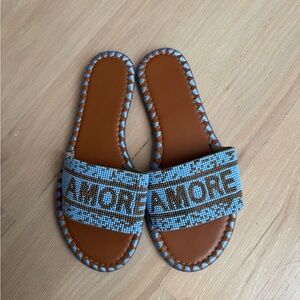 Brown and Blue Beaded Slide Sandals